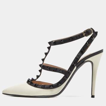 Pre Owned Valentino White/Black Leather Rockstud Strappy Pointed Toe Pumps Size 39
