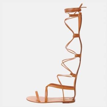 Pre Owned Valentino Brown Leather Rockstud Gladiator Flat Sandals Size 37.5