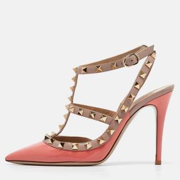 Pre Owned Valentino Pink Patent and Leather Rockstud Cage Pumps Size 36