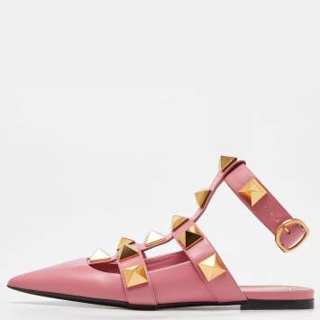 Pre Owned Valentino Pink Leather Roman Stud Ankle Cuff Flat Sandals Size 37