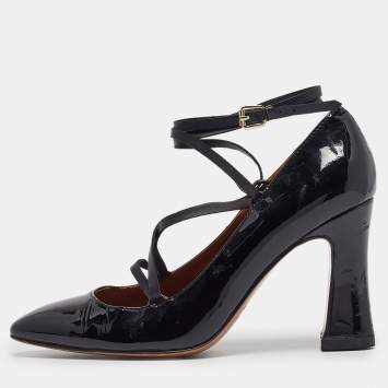 Pre Owned Valentino Black Patent Block Heel Pumps Size 37