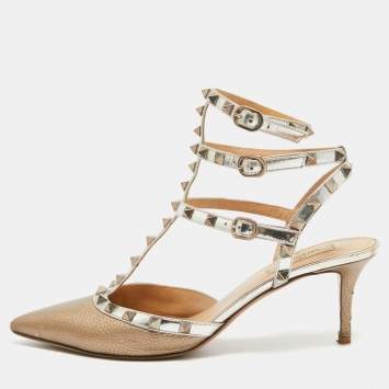 Pre Owned Valentino Metallic Gold Leather Rockstud Sandals Size 41