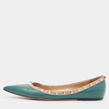 Pre Owned Valentino Green/Dusty Pink Leather Rockstud Ballet Flats Size 41