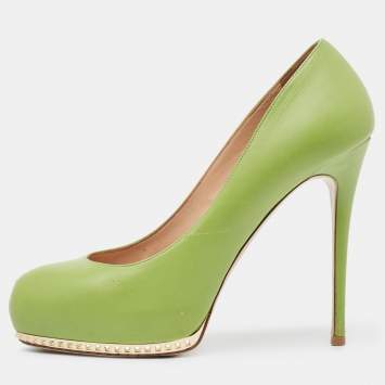 Pre Owned Valentino Green Leather Spike Platform Round Toe Pumps Size 37