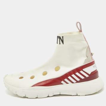 Pre Owned Valentino White Stretch Fabric and Leather Cut Out Rockstud Sock High Top Sneaker Size 35