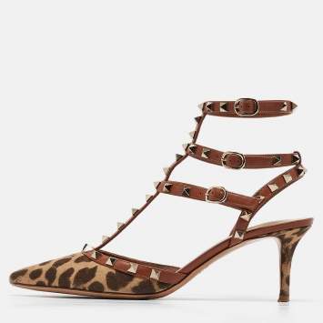 Pre Owned Valentino Brown/Beige Canvas and Leather  Rockstud Pumps Size 40.5