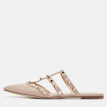 Pre Owned Valentino Pink Leather Rockstud Strappy Flat Mules Size 37.5