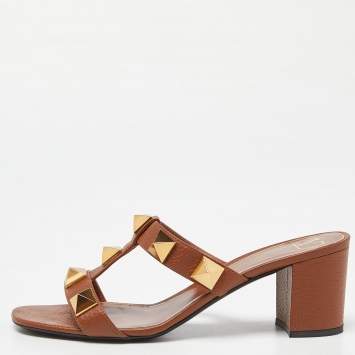 Pre Owned Valentino Brown Leather Roman Stud Block Heel Slides Sandals Size 40