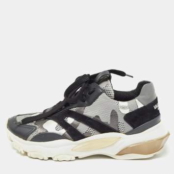 Pre Owned Valentino Grey/Black Suede and Mesh Camouflage Bounce Low Top Sneakers Size 37