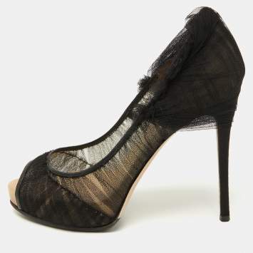 Pre Owned Valentino Black Tulle Fabric Peep Toe Platform Pumps Size 37
