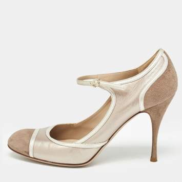 Pre Owned Valentino Beige Suede and Leather Ankle Strap Pumps Size 37.5