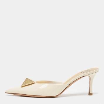 Pre Owned Valentino White Patent Leather One Stud Pointed Toe Mules Size 37