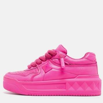 Pre Owned Valentino Neon Pink Leather One Stud XL Sneakers Size 38