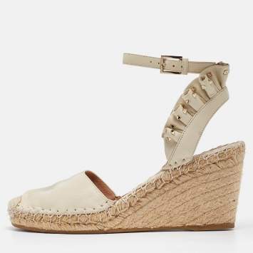 Pre Owned Valentino White Leather Rockstud Wedge Espadrille Ankle Strap Sandals Size 38