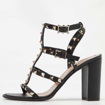 Pre Owned Valentino Black Leather Rockstud Ankle Strap Block Heel Sandals Size 38.5