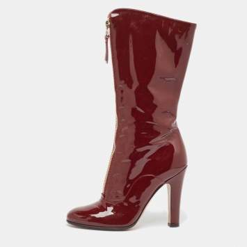Pre Owned Valentino Burgundy Patent Leather Zip Detail Mid Calf Boots Size 40