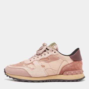 مملوكة مسبقًا Valentino Pink/Beige Leather and Suede Camouflage Rockrunner Low Top Sneakers Size 37