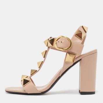 Pre Owned Valentino Pink Leather Roman Stud Block Heel Ankle Strap Sandals Size 36