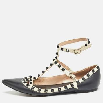 Pre Owned Valentino Black/White Leather Rockstud Ankle Strap Ballet Flats Size 39