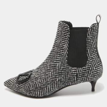 Pre Owned Valentino Black/White Wool Escape V Logo Pointed Toe Ankle Booties Size 36