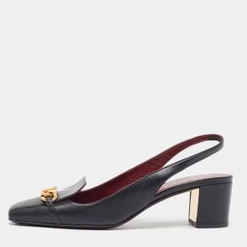Pre Owned Valentino Black Leather Vlogo Chain Slingback Pumps Size 37