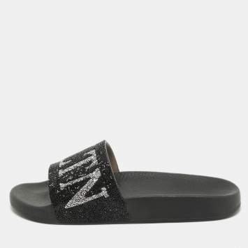 Pre Owned Valentino Black Leather Crystal Embellished Flat Slides Size 37