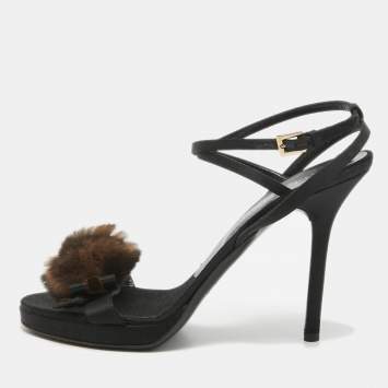 Pre Owned Valentino Black Satin Fur Bow Ankle Strap Sandals Size 38