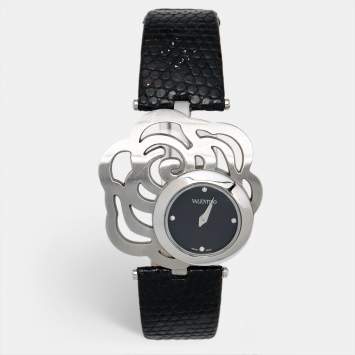 Pre Owned Valentino Black Stainless Steel Lizard Leather Rosier Baselworld V55 Women's Wristwatch 40 mm