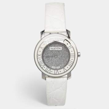 مملوكة مسبقًا Valentino Histoire Metallic Grey Dial Stainless Steel Enamel Embossed Leather Women's Wristwatch 37 mm