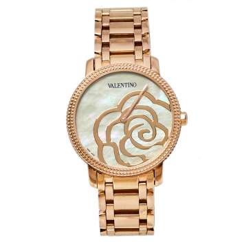 Pre Owned Valentino Mother of Pearl Rose Gold Plated Stainless Steel V56 Women's Wristwatch 36 mm