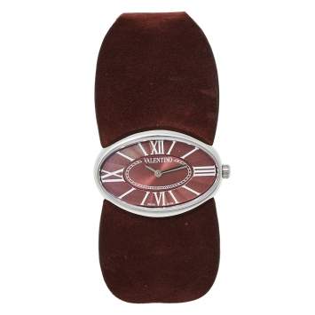 Pre Owned Valentino Burgundy Stainless Steel & Leather Signature Women's Wristwatch 36 mm