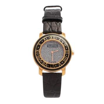 Pre Owned Valentino Metallic Black Rose Gold Plated Stainless Steel Leather Histoire Women's Wristwatch 37 mm