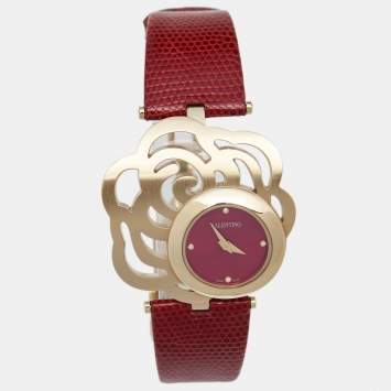 Pre Owned Valentino Red Gold Plated Stainless Steel Lizard Skin Leather Rosier Baselworld V55 Women's Wristwatch 25 mm