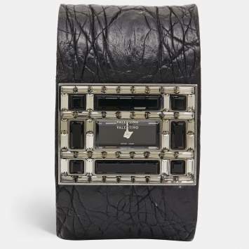 Pre Owned Valentino Black Stainless Steel Swarovski Crystal Crocodile Leather Garavani Women's Wristwatch 39 mm