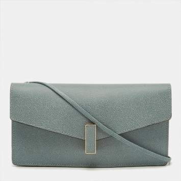 Pre Owned Valextra Iside Light Textured Blue Leather Strap Clutch