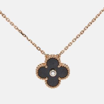 Pre Owned Van Cleef & Arpels Vintage Alhambra 2023 Holiday Limited Obsidian Diamond 18k Rose Gold Necklace