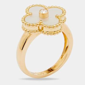 Pre Owned Van Cleef & Arpels Vintage Alhambra  Mother of Pearl Diamond 18k Yellow Gold Ring Size 50