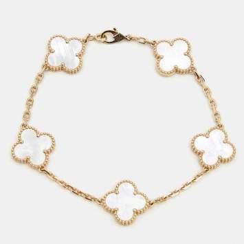 Pre Owned Van Cleef & Arpels Vintage Alhambra Mother of Pearl 18k Yellow Gold Station Bracelet