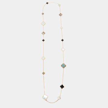 Pre Owned Van Cleef & Arpels Magic Alhambra Mother of Pearl Onyx 18k Yellow Gold Station Necklace