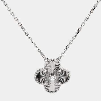 Pre Owned Van Cleef & Arpels Guilloché Diamond Limited Edition 2020 Vintage Alhambra 18k White Gold  Necklace