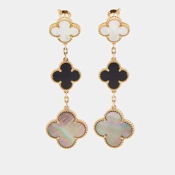 Pre Owned Van Cleef & Arpels Magic Alhambra Mother of Pearl Onyx 18k Yellow Gold Earrings
