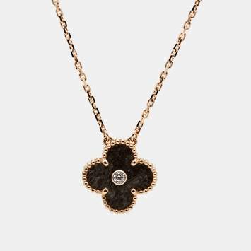 Pre Owned Van Cleef & Arpels Vintage Alhambra Obsidian Diamond 18k Rose Gold 2023 Holiday Pendant Necklace