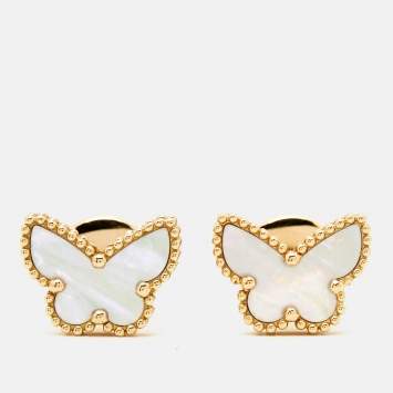 Pre Owned Van Cleef & Arpels Sweet Alhambra Butterfly Mother of Pearl 18K Yellow Gold Stud Earrings