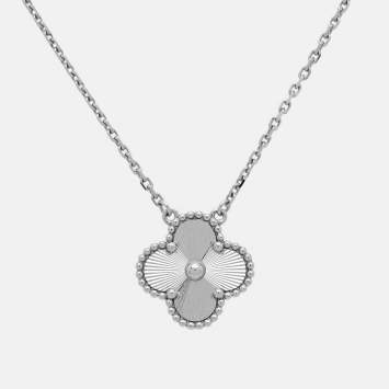 Pre Owned Van Cleef & Arpels Vintage Alhambra Guilloché Rhodium Plated 18K White Gold Pendant Necklace