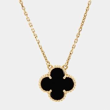 Pre Owned Van Cleef & Arpels Vintage Alhambra Onyx 18k Yellow Gold Necklace 