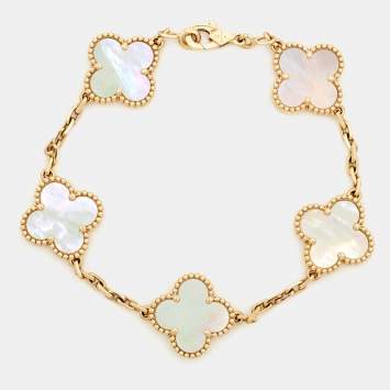 Pre Owned Van Cleef & Arpels Vintage Alhambra 5 Motif Mother of Pearl 18K Yellow Gold Station Bracelet