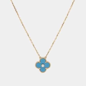 Pre Owned Van Cleef & Arpels Vintage Alhambra 2019 Limited Edition Ceramic Diamond 18k Yellow Gold Holiday Pendant Necklace