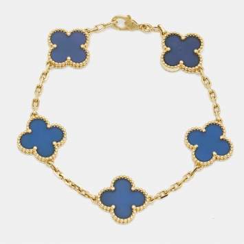 Pre Owned Van Cleef & Arpels Vintage Alhambra Agate 18k Yellow Gold 5 Motif Station Bracelet