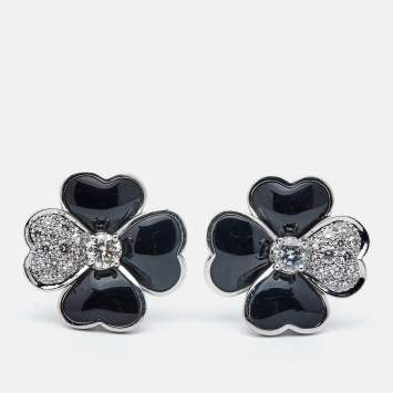 Pre Owned Van Cleef & Arpels Cosmos Onyx Diamonds 18k White Gold Medium Model Earrings