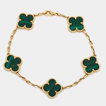 Pre Owned Van Cleef & Arpels Vintage Alhambra Malachite 18k Yellow Gold 5 Motif Station Bracelet